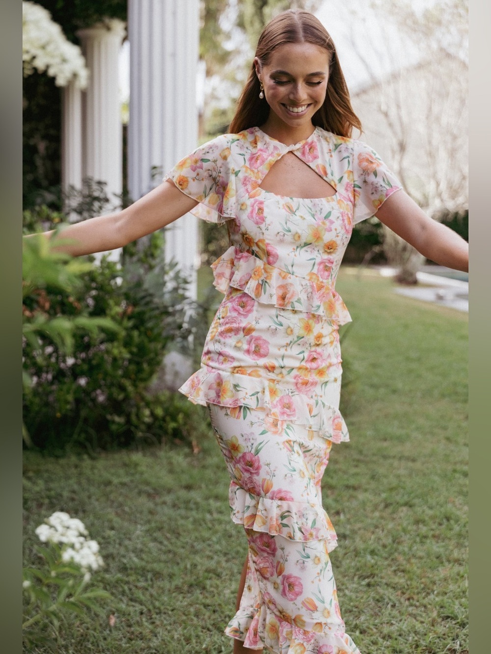 Peta & Pup $109 (current) Leila Maxi Dress Floral Ruffle Midi Dress